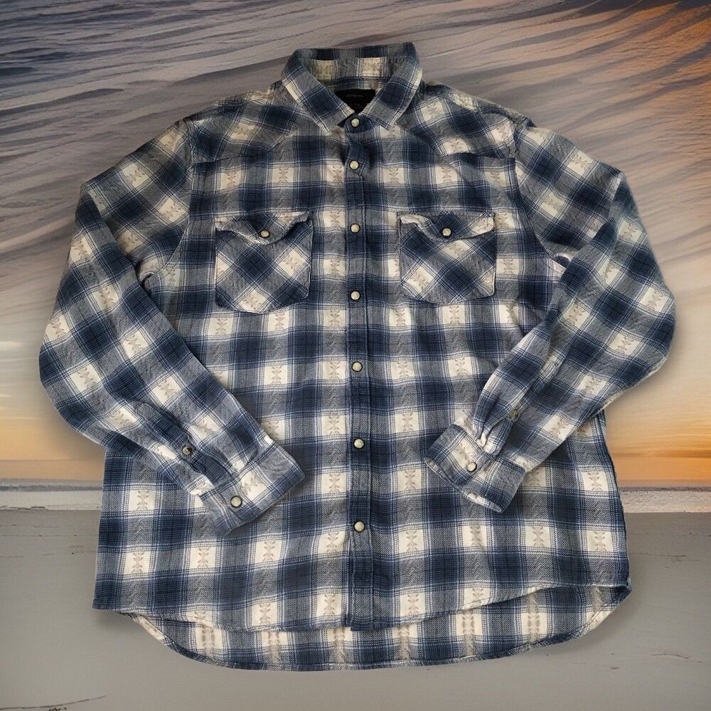 Cotton On Men's Blue Plaid Western Flannel Shirt Pearl Snap Geometric Detail XL